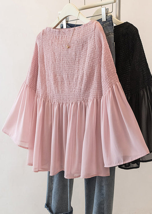 Pink Wrinkled Chiffon Blouse Tops Flare Sleeve Fall