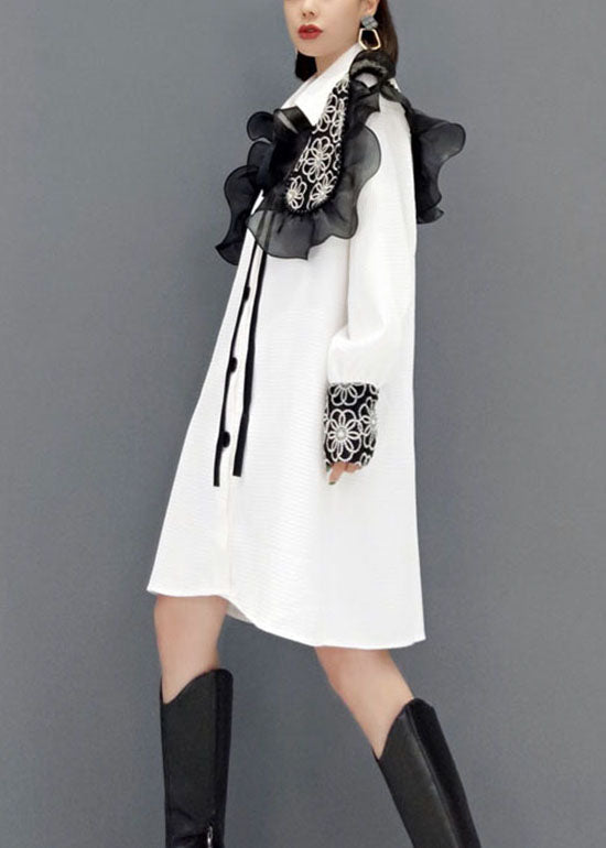 White Button Peter Pan Collar Lace Patchwork Shirt Dresses Spring