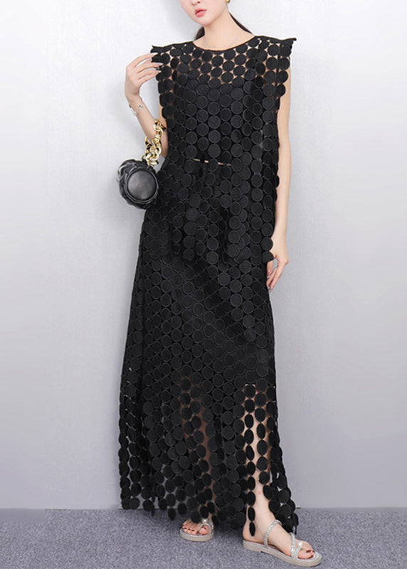 Black Dot Lace Top and Maxi Skirts Two Pieces Set Sleeveless