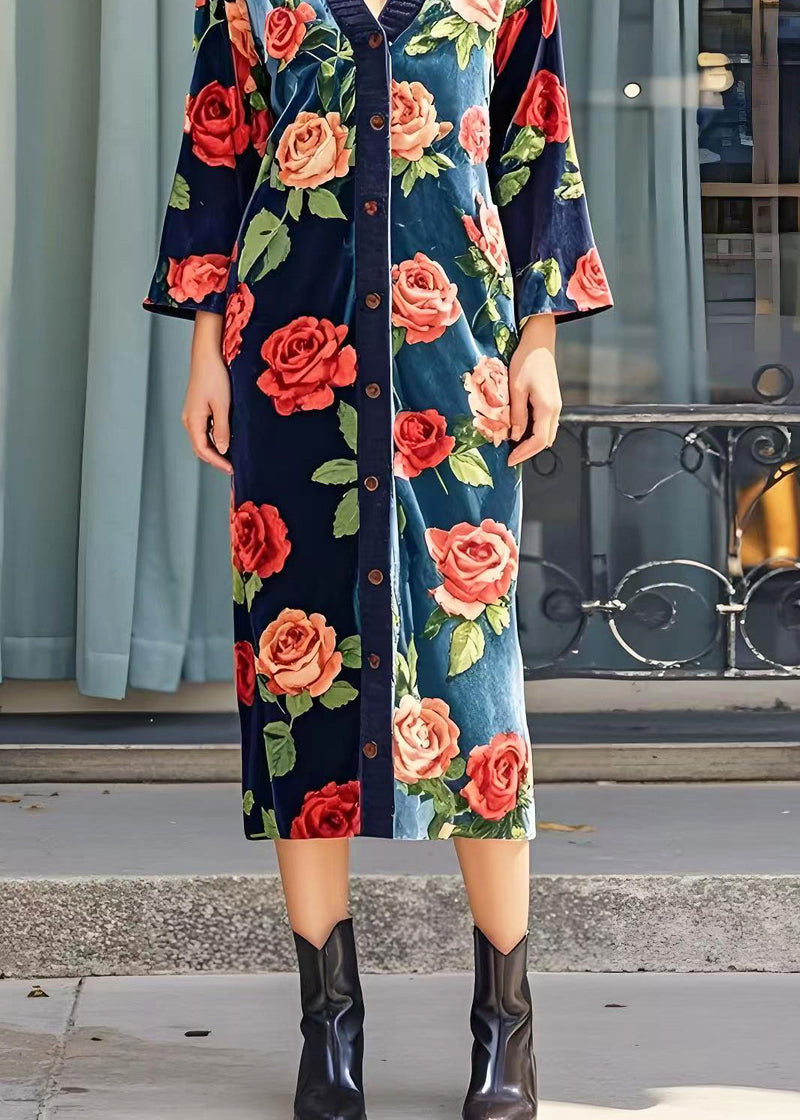 Italian Navy V Neck Silk Velour Long Dress Spring