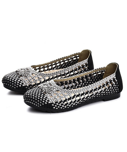 Handmade Pointed Toe Flat Shoes for Beige Chocolate Knit Fabric Flats