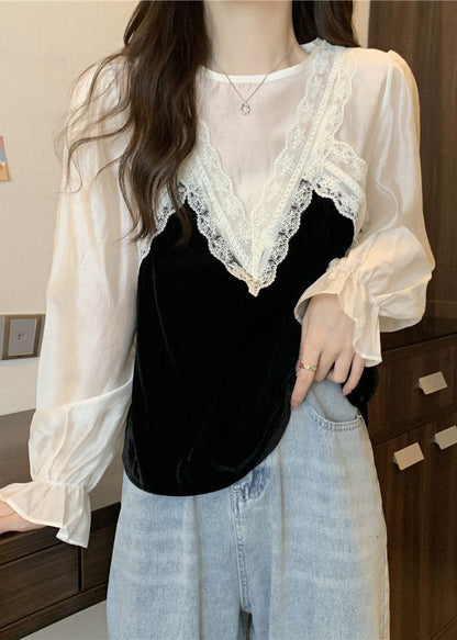 French White O-neck Lace Patchwork Silk Velour Blouse Tops Spring