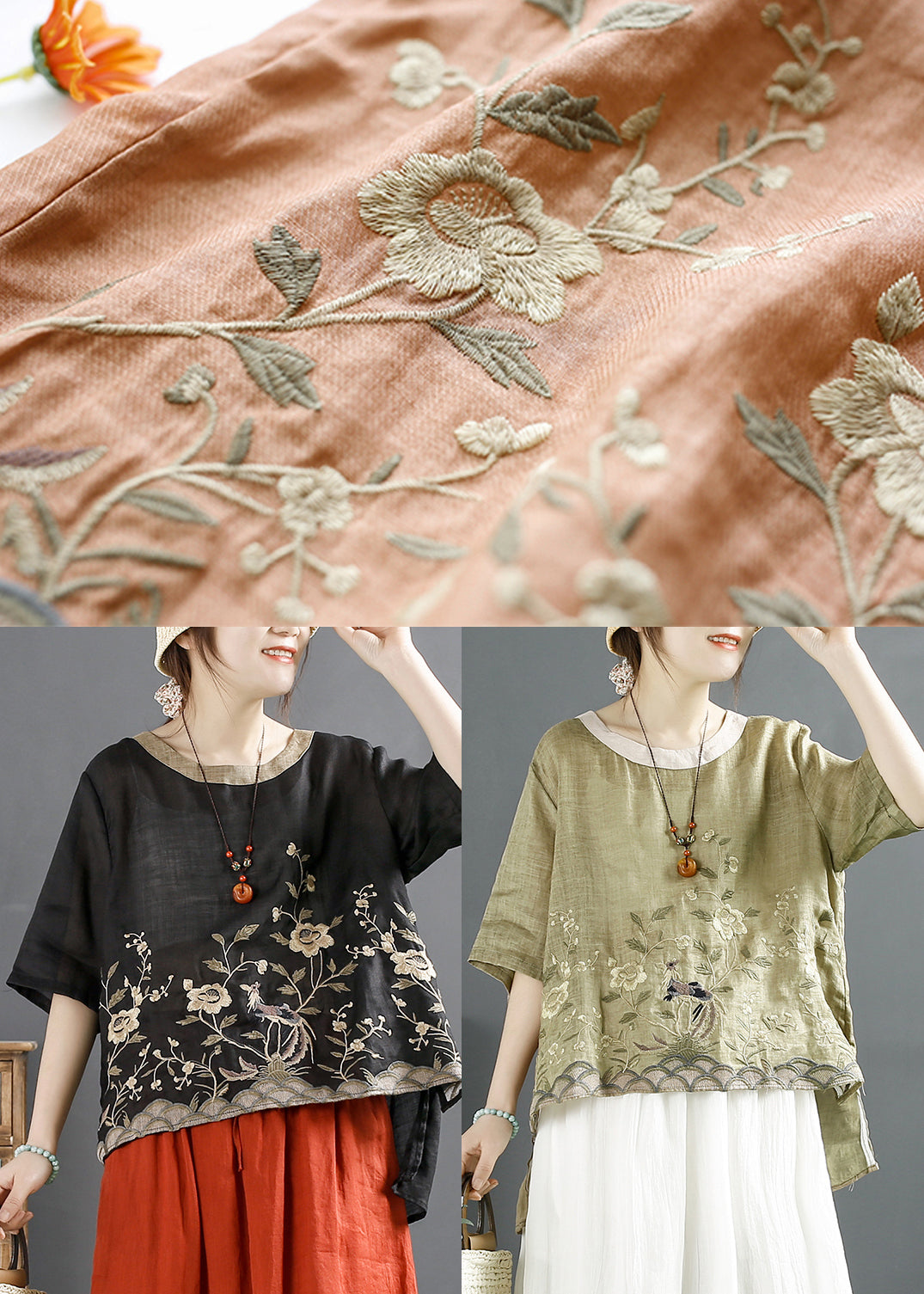 Orange Embroideried Linen Shirt Top Summer