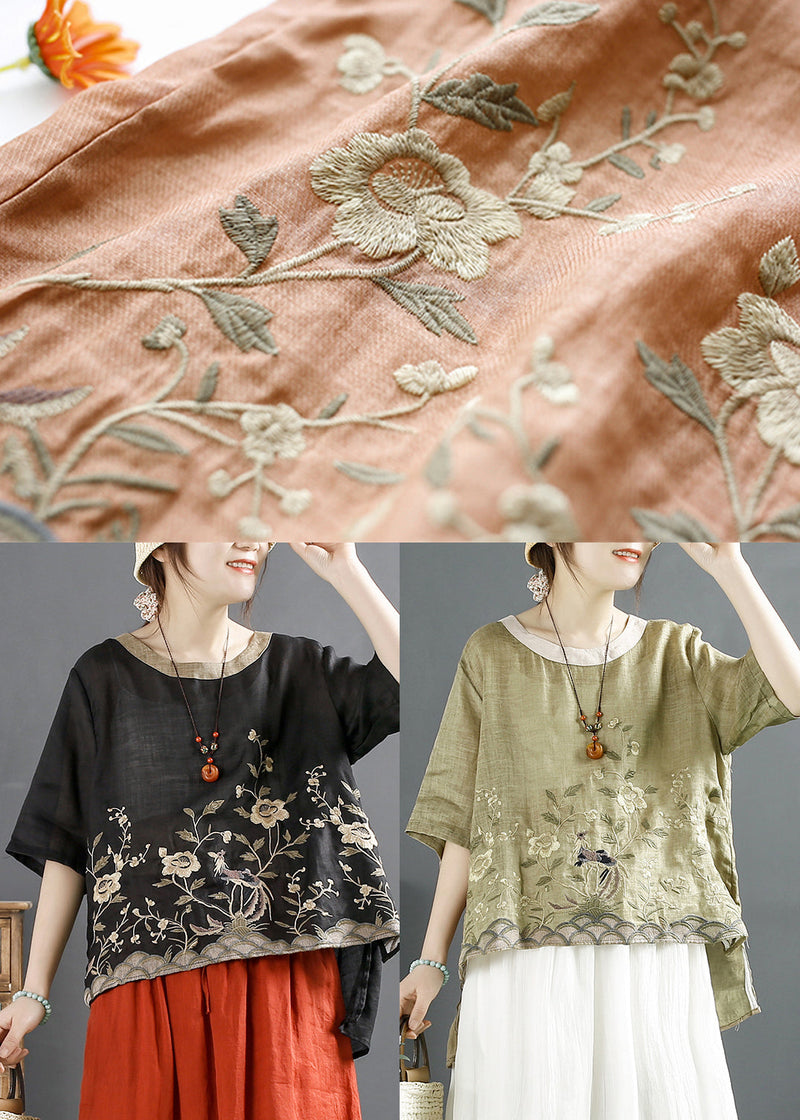 Green Low High Design Linen Shirts Embroideried Summer