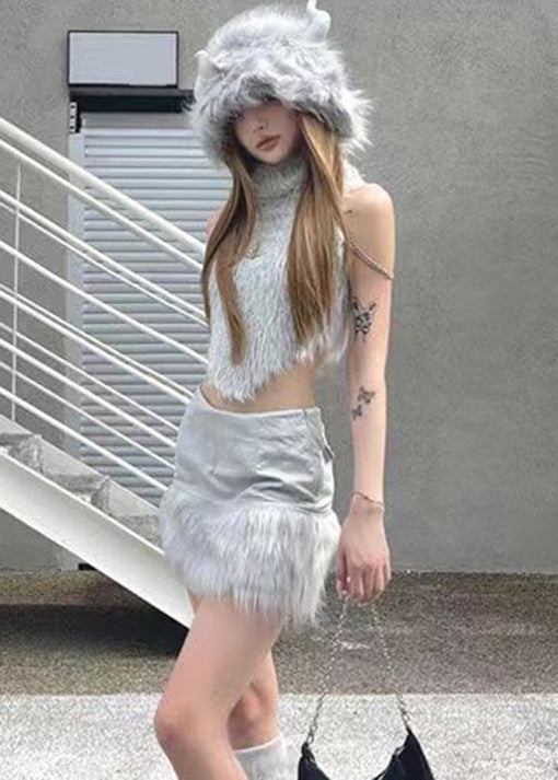 Grey Turtleneck Patchwork Tops and Skirts Knit Two Pieces Set Sleeveless