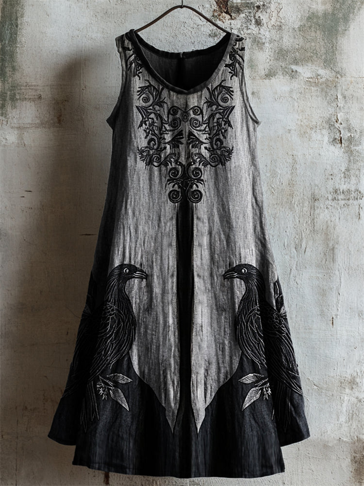 Vintage Viking Celtic Raven Contrast Linen Tank Dress artswardrobe