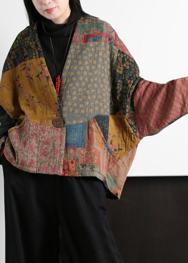 Colorblock V Neck Patchwork Print Fine Cotton Filled Coats Batwing Sleeve