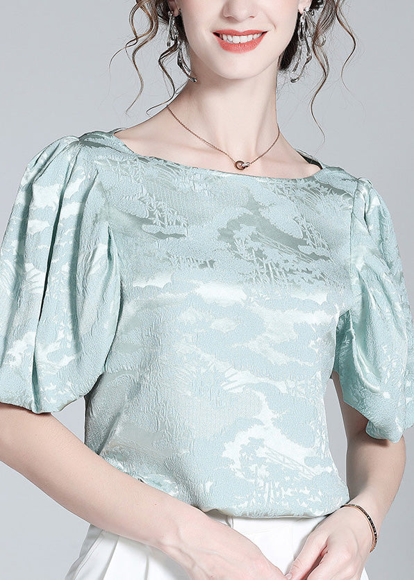 Baby Blue O-neck Jacquard Silk Top Puff Sleeve