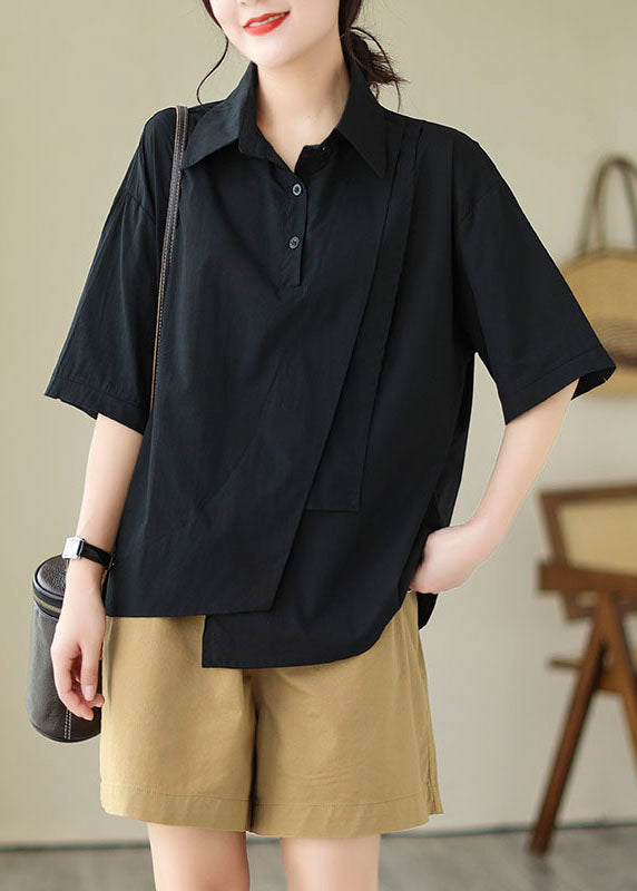 Black Peter Pan Collar Asymmetrical Design Cotton Top Summer