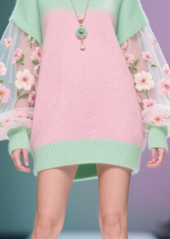 Stylish Colorblock Oversized Patchwork Tulle Sweater Dress Fall