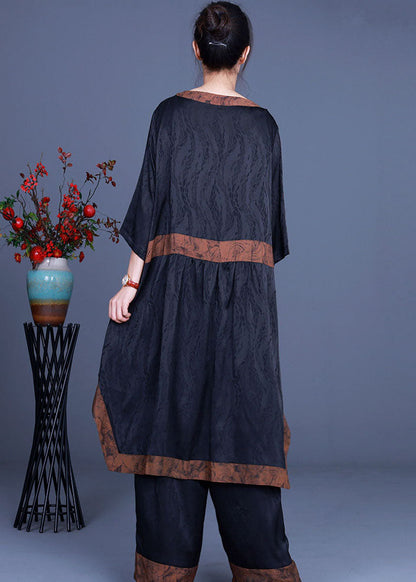 Diy Black Asymmetrical Patchwork Silk Two Pieces Set Half Sleeve