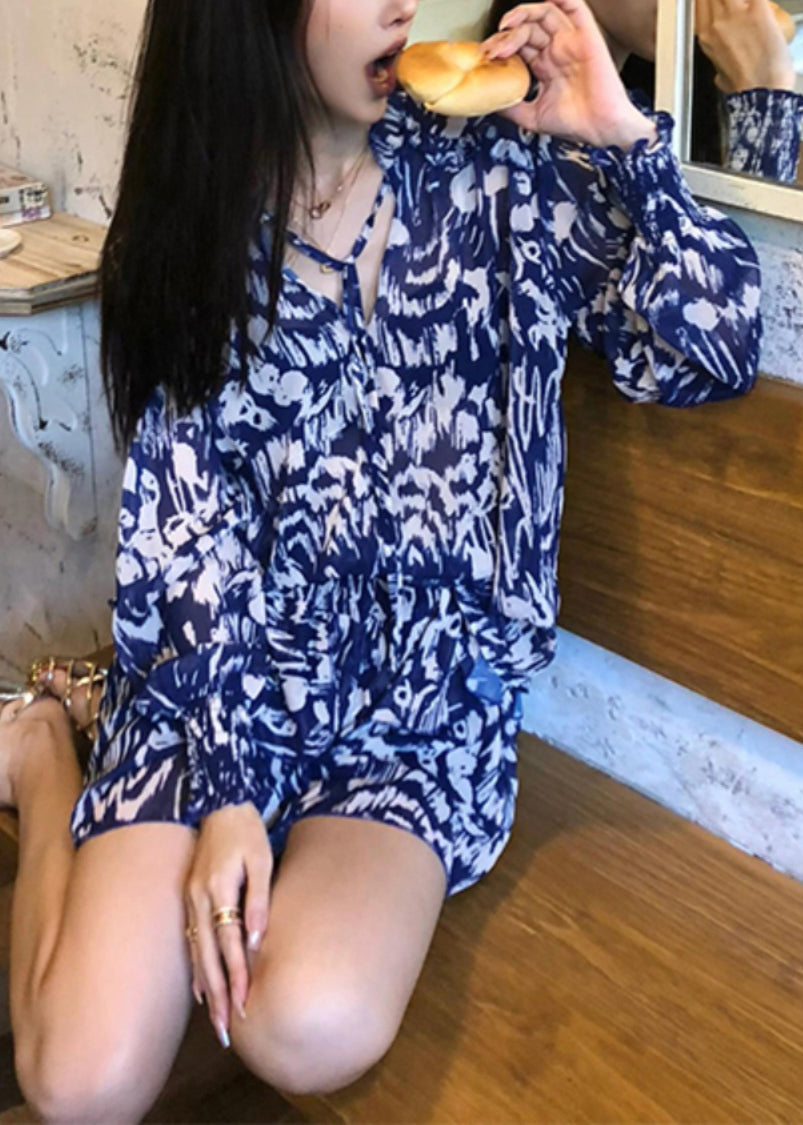 Stylish Blue Print Shirts and Skirts Cotton Two Pieces Set Summer