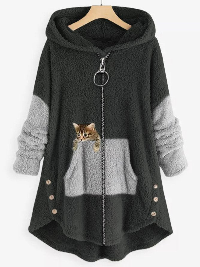 KS | Cozy fleece hooded jacket with adorable cat print