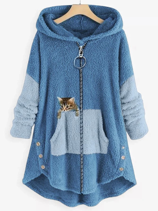 KS | Cozy fleece hooded jacket with adorable cat print