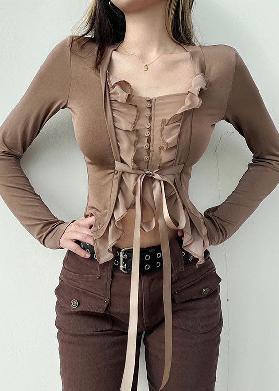 Slim Fit Khaki Tie Waist Ruffled Patchwork Top Long Sleeve