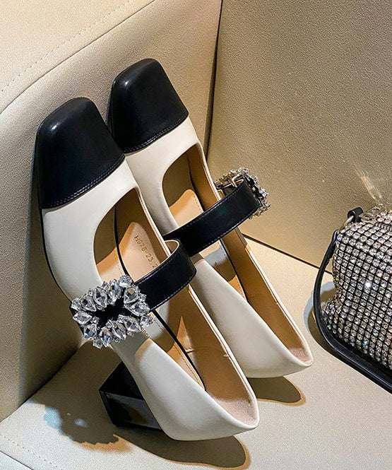 Beige Zircon Splicing Faux Leather Buckle Strap High Heels