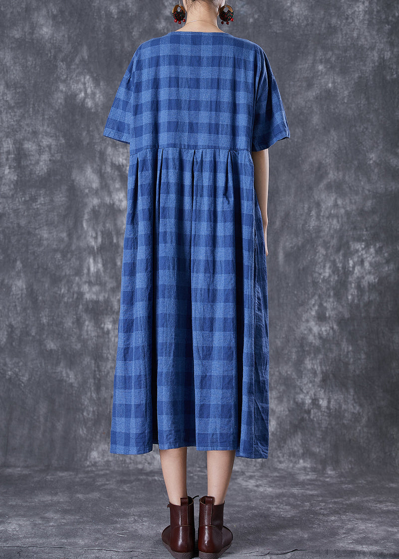 French Blue Plaid Button Down Linen Long Dresses Summer