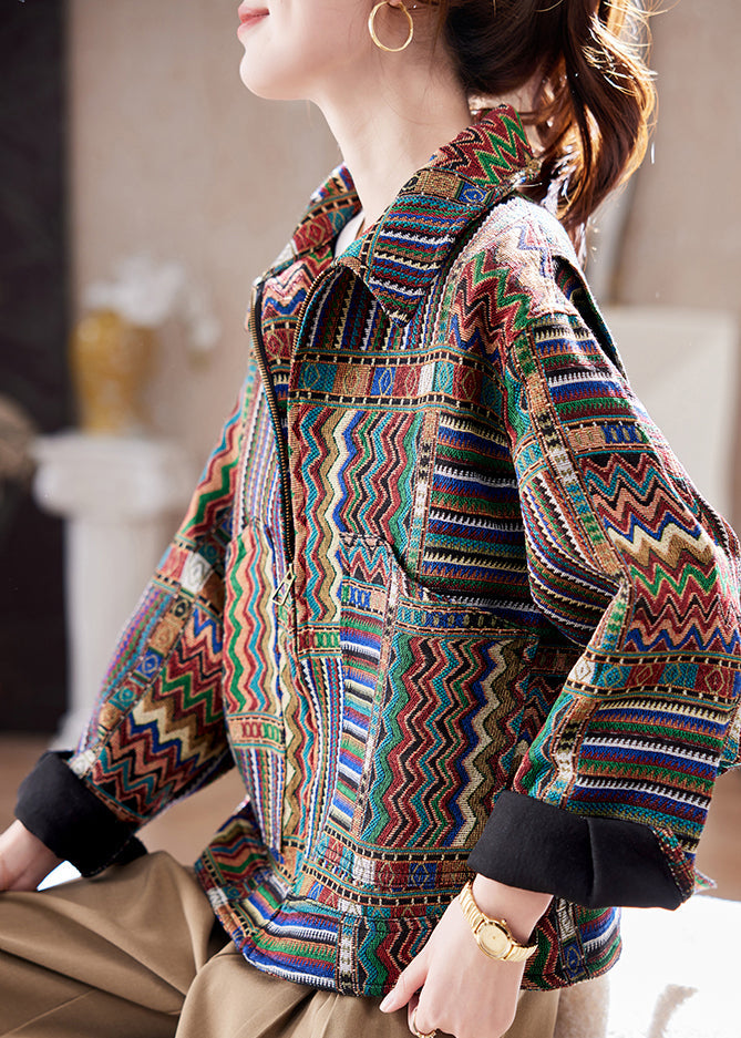 Handmade Peter Pan Collar Print Zippered Coats Spring