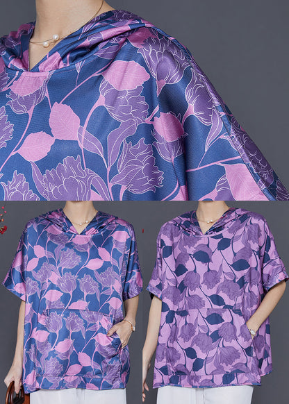 Blue Oversized Print Silk Sweatshirt Summer