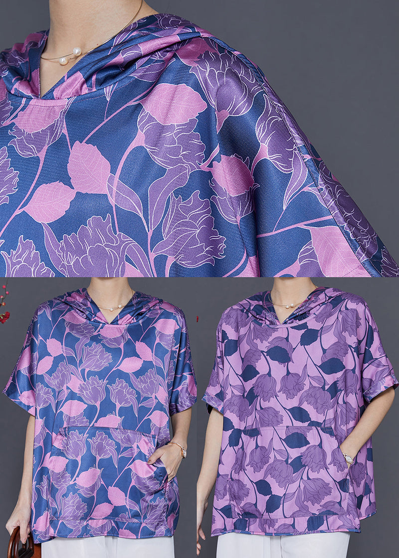 Purple Print Silk Sweatshirts Top Hooded Summer
