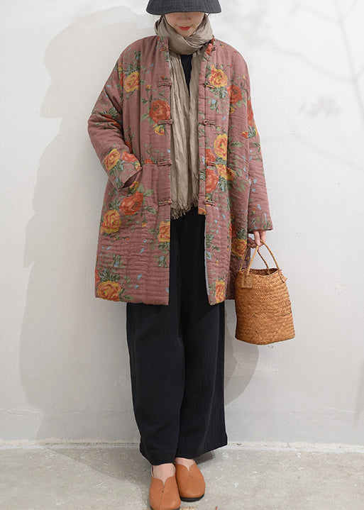 Pink Stand Collar Pockets Print Fine Cotton Filled Coat Winter