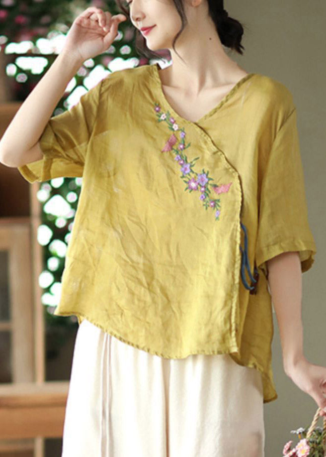 Unique Yellow V Neck Embroideried Linen T Shirt Half Sleeve