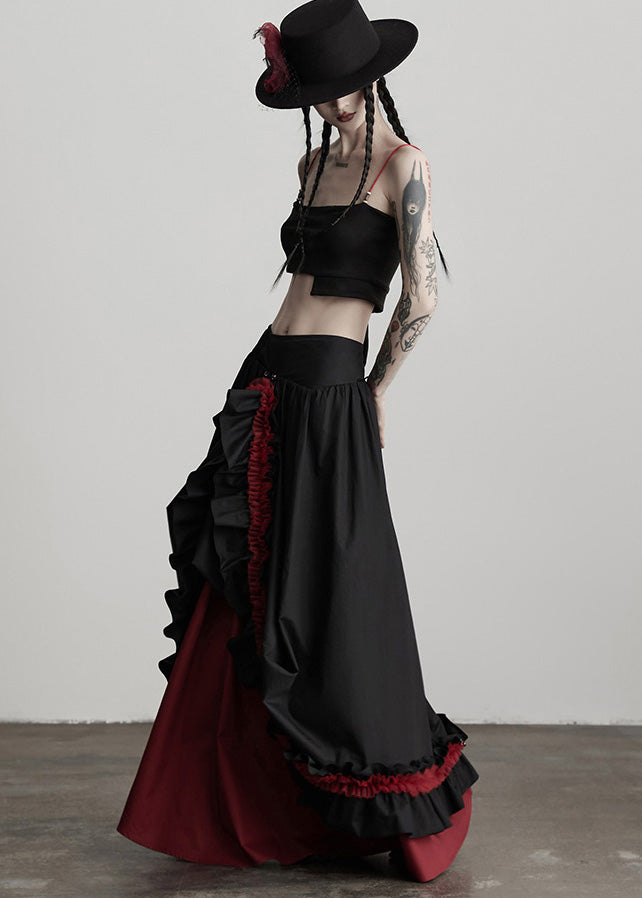 Black Ruffled Patchwork Exra Large Hem Cotton Skirts Fall