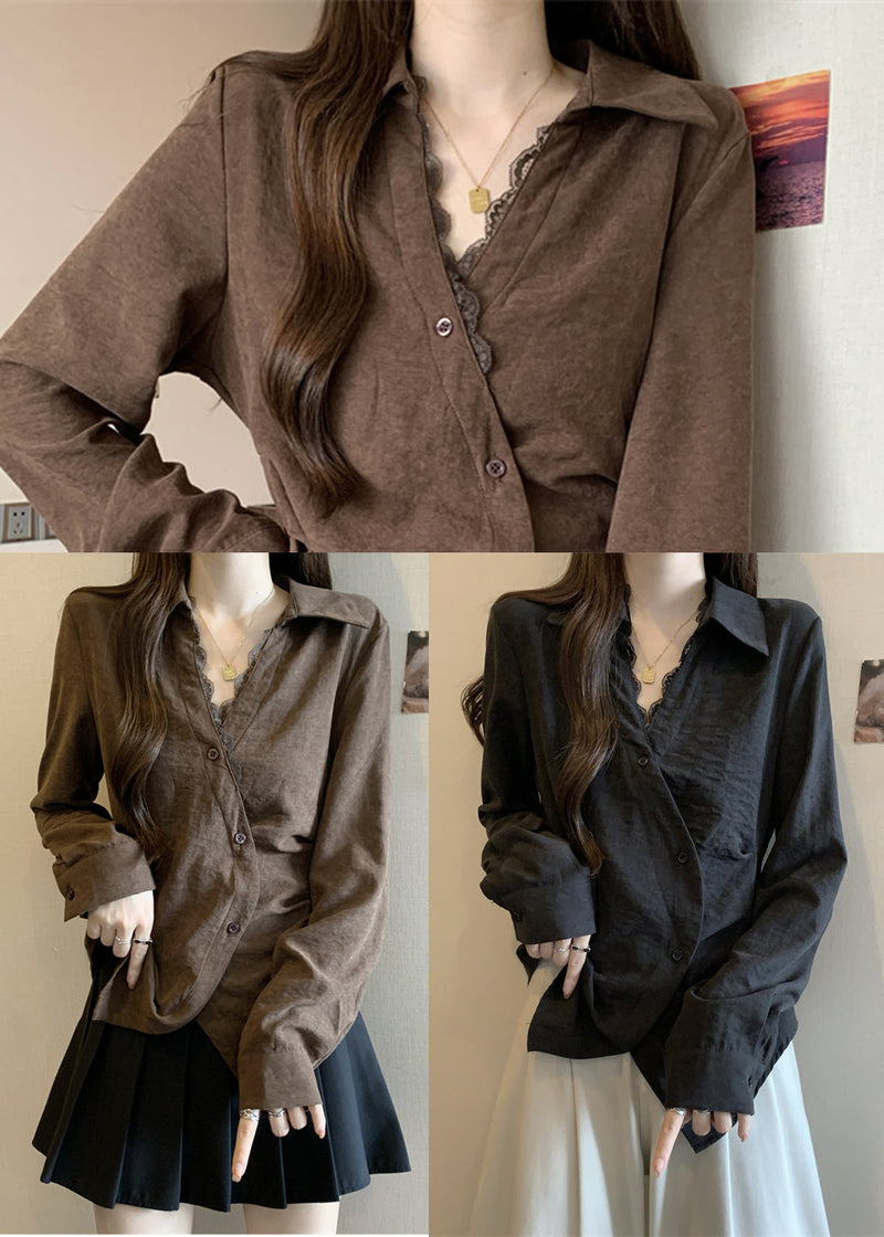 Black Asymmetrical Patchwork Silk Shirt Tops Fall