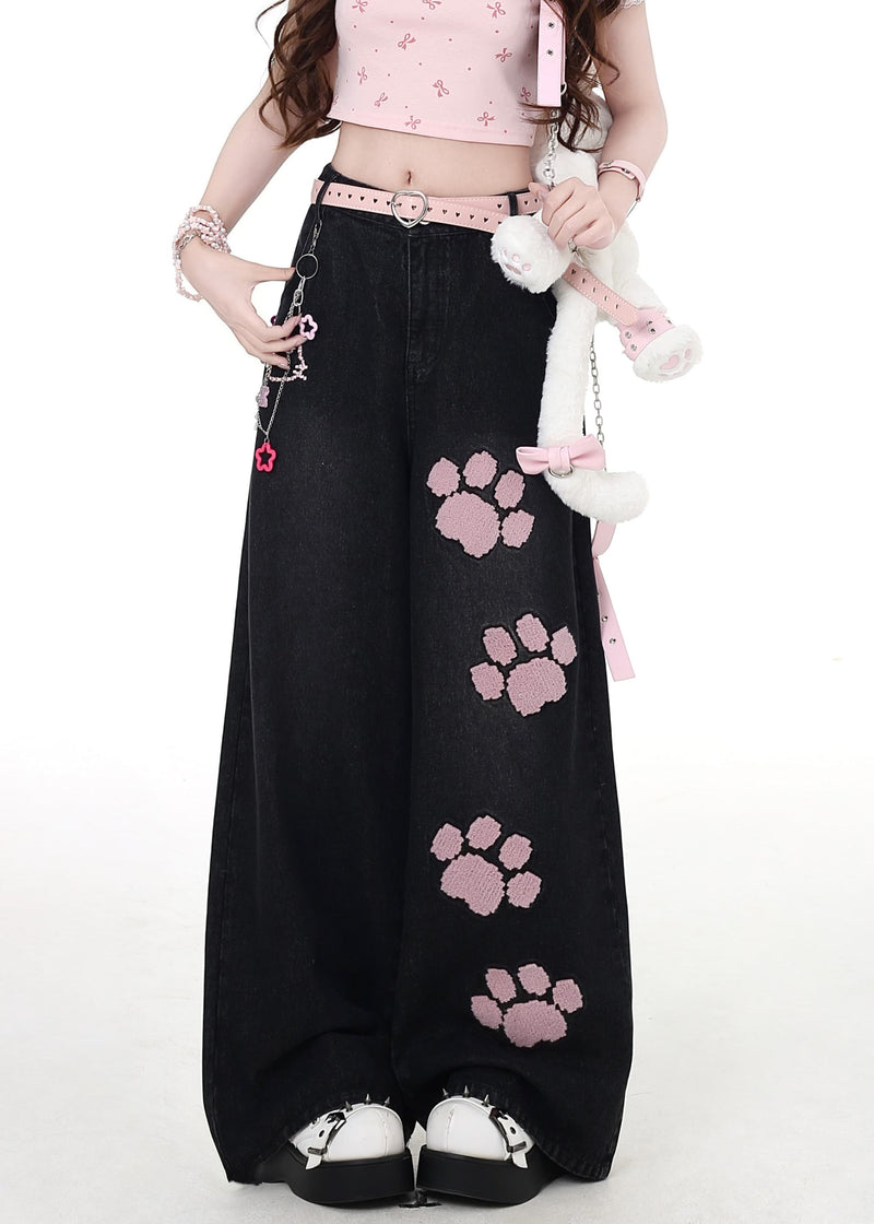 Modern Black Embroidered Pockets High Waist Denim Wide Leg Pants Fall