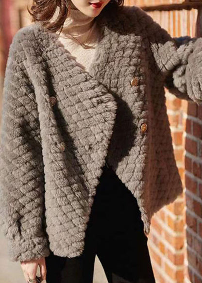 Grey Pockets Button Patchwork Wool Jacket Winter