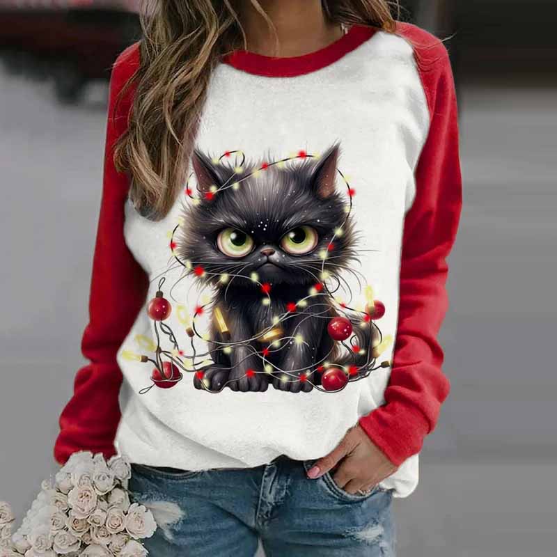 Women's Winter Black Cat Christmas Print Casual Sweatshirt elevenforest