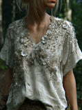 Bohemian Silver Flower Embroidery V-neck Short-sleeved Shirt artswardrobe