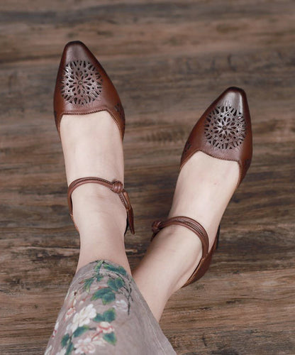 Coffee Splicing Hollow Out Lace Up Chunky Cowhide Leather Sandals