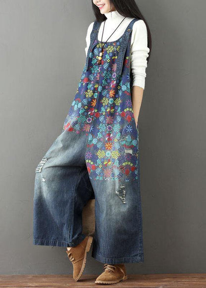 Blue Print Wide Leg Fall Romper Denim
