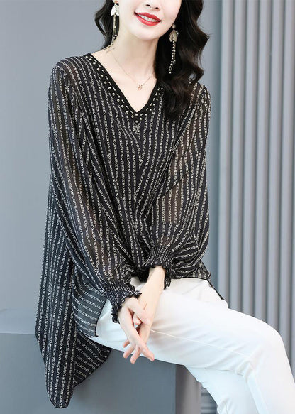 Black V Neck Striped Side Open Low High Design Chiffon Shirts Long Sleeve