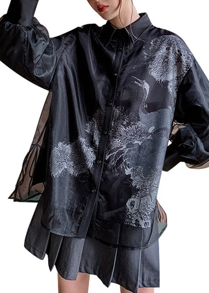 Black Peter Pan Collar Print Button Tulle Shirts Long Sleeve