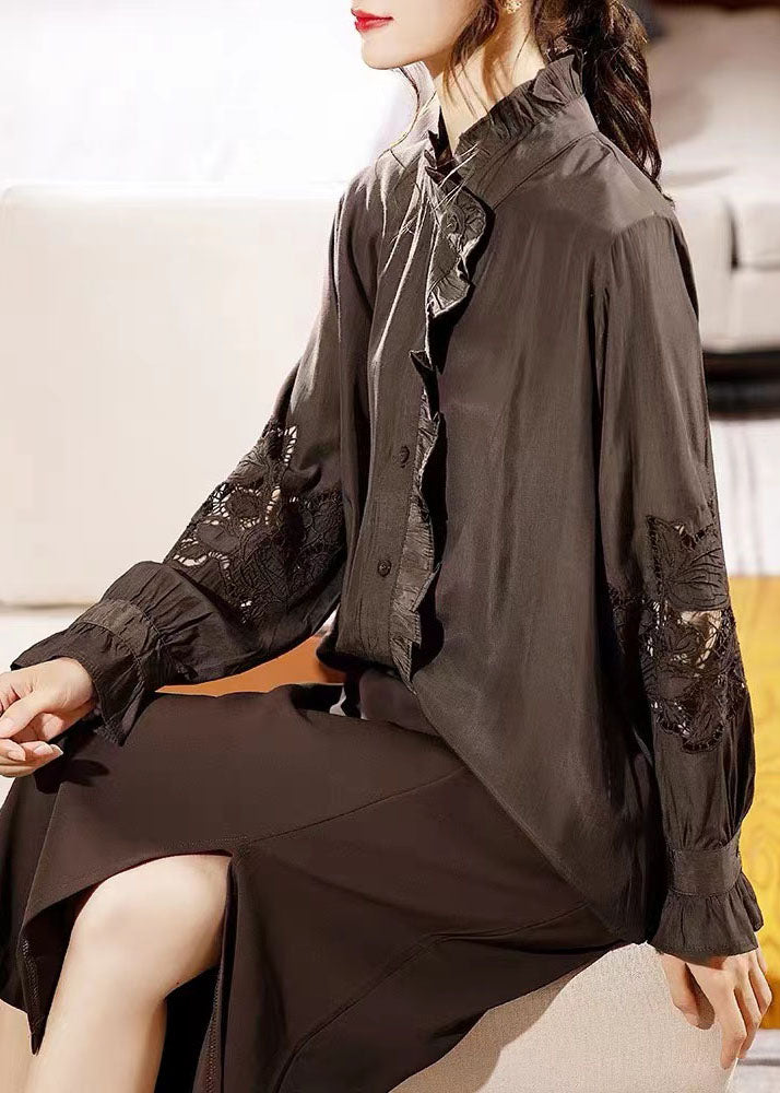 Chocolate Ruffled Hollow Out Chiffon Shirt Long Sleeve