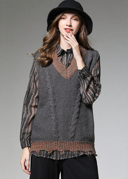 Italian Grey Patchwork V Neck Knit Fall Vest