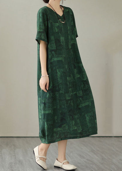 Blackish Green V Neck Print Patchwork Cotton Dress Summer
