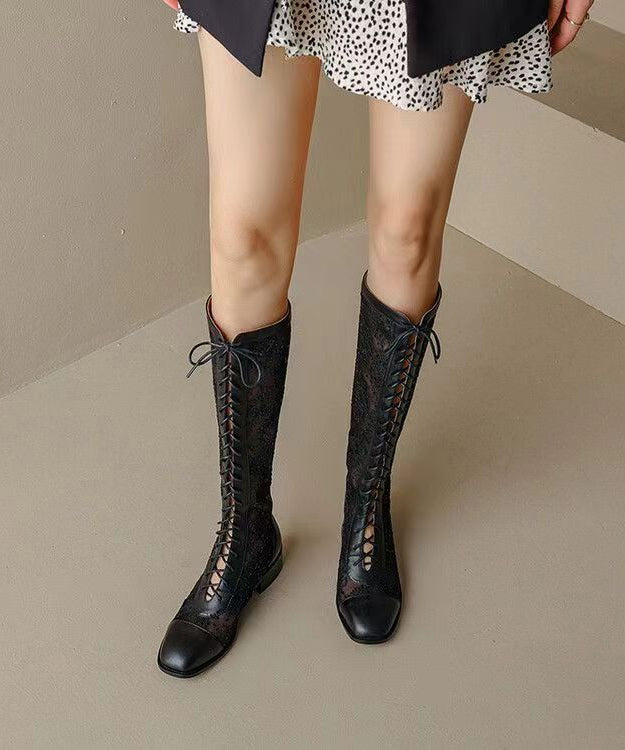 Unique Black Embroidery Tulle Splicing Chunky Boots