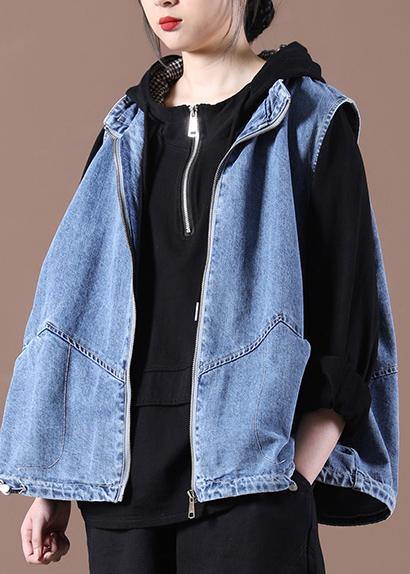 Drawstring Zipper Wash Blue Stand Collar Vest
