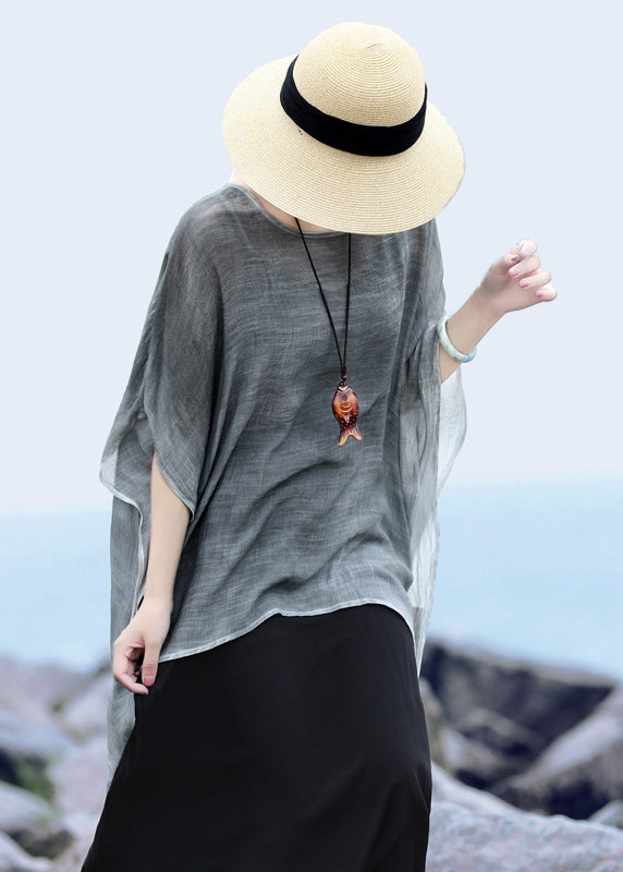 Grey Loose Linen Upf 50+ Tops Low High Design Short Sleeve
