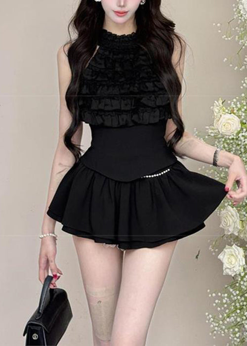 Black Ruffled Tops and Skirts Cotton Two Pieces Set Sleeveless