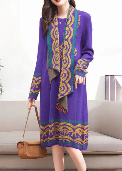 Purple O-neck Tops Scarf Dresses Cotton Knit Two Pieces Set Winter