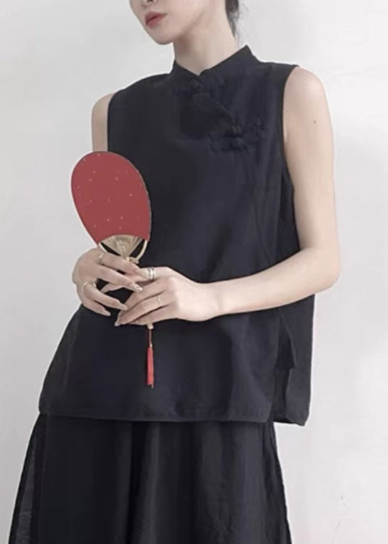 Black Stand Collar Button Cotton Vest Sleeveless