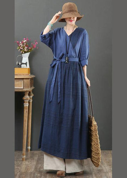 Natural V Neck Tie Waist Spring Dresses Fabrics Blue Plaid Traveling Dress