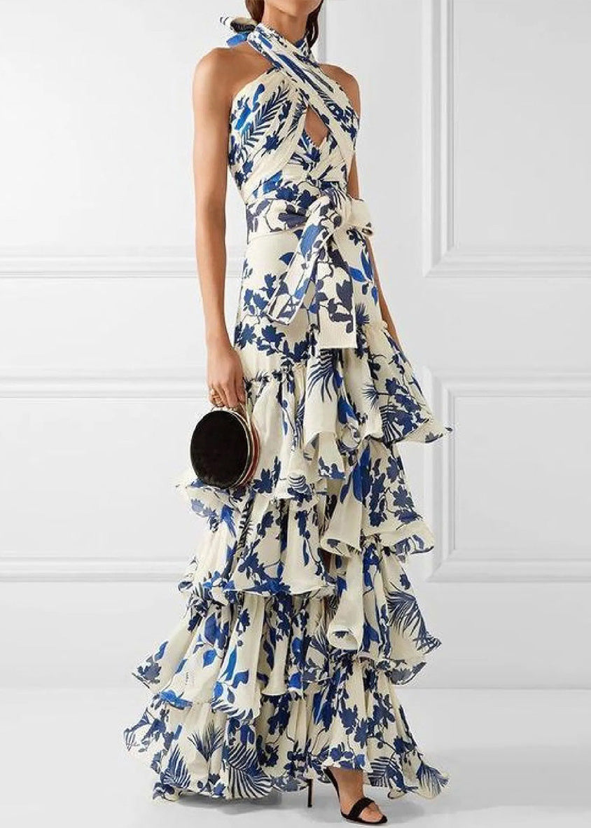 European and American Vacation Style Ruffled Print Dress Sleeveless