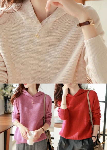 Red Woolen Hooded Pullover Sweatshirt Long Sleeve