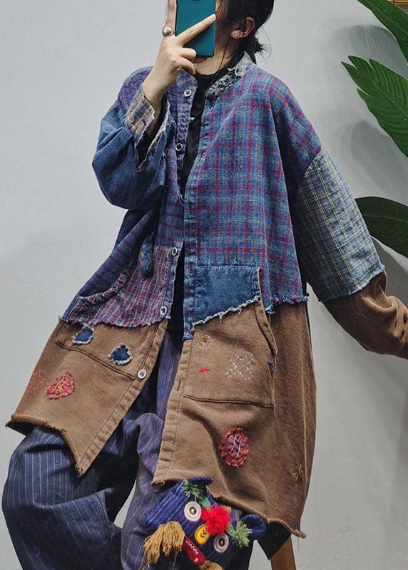 Colorblock Button Stand Collar Patchwork Plaid Cotton Shirts Long Sleeve