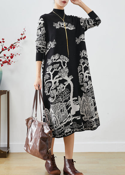 Black High Neck Print Knit Sweater Dress Fall